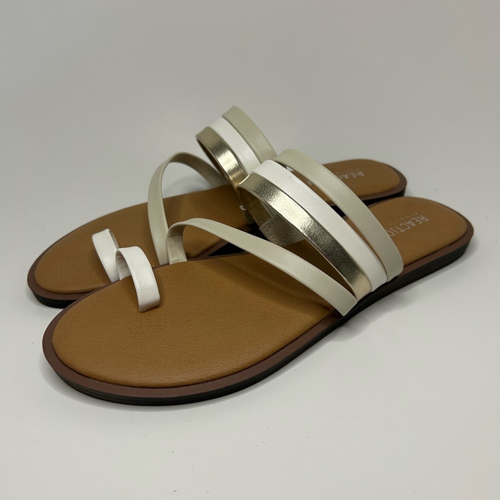 Reaction Kenneth Cole Slip On Beige Gold White Flat Sandal Size 8.5 - Picture 4 of 6